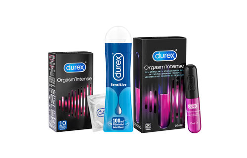 Durex - 10 stuks Condooms - Orgasm Intense - 110ml Glijmiddel - Intense Orgasm 10ml - Play Sensitive 100ml - Voordeelverpakking