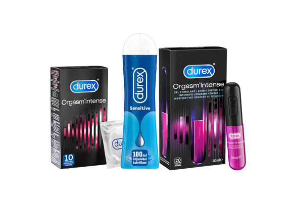 Durex - 10 stuks Condooms - Orgasm Intense - 110ml Glijmiddel - Intense Orgasm 10ml - Play Sensitive 100ml - Voordeelverpakking