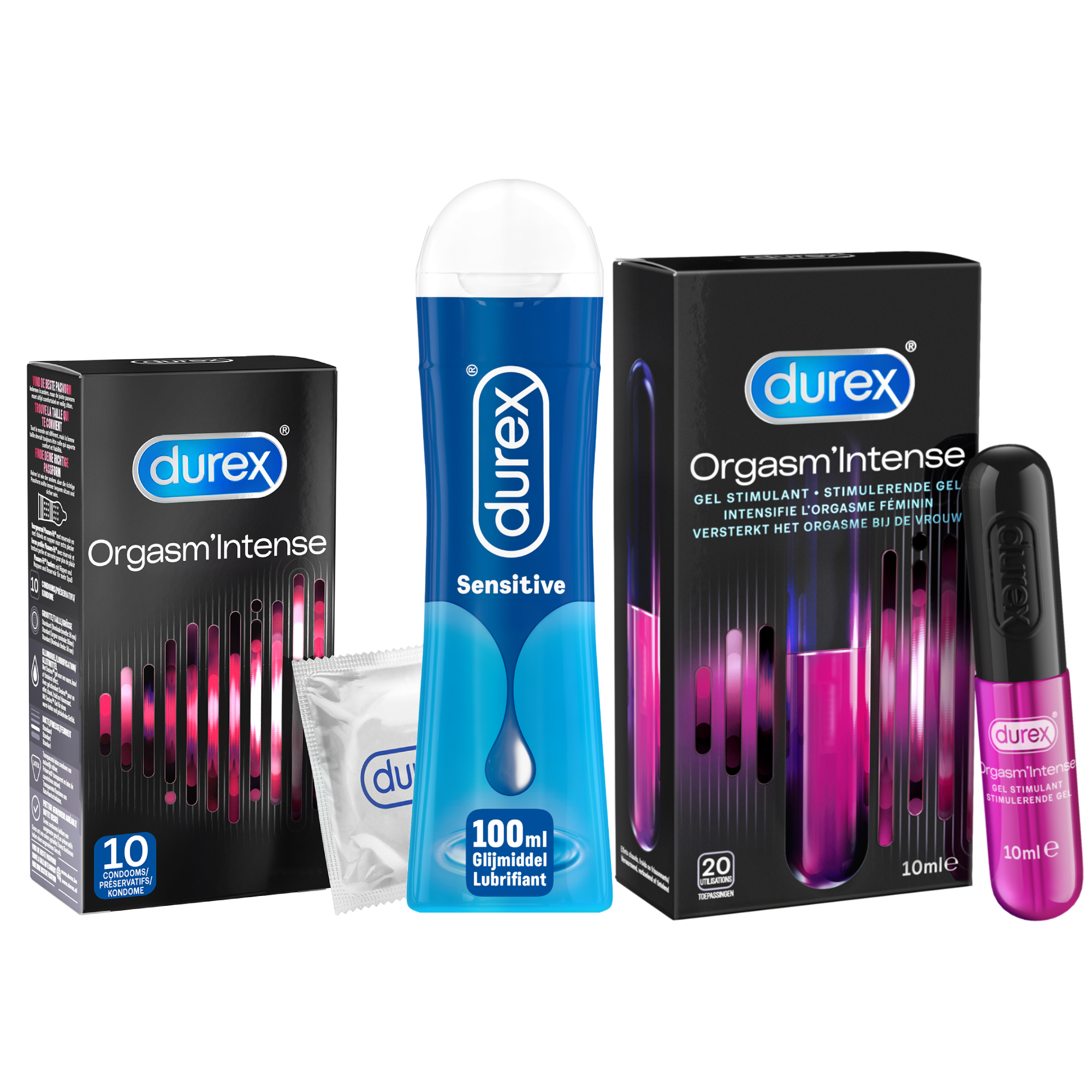Durex - 10 stuks Condooms - Orgasm Intense - 110ml Glijmiddel - Intense Orgasm 10ml - Play Sensitive 100ml - Voordeelverpakking