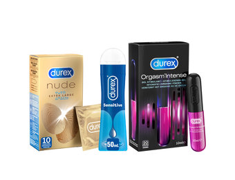 Durex - 10 stuks Condooms - Nude XL - 110 ml Glijmiddel - Intense Orgasm 10ml - Play Sensitive 100ml - Voordeelverpakking