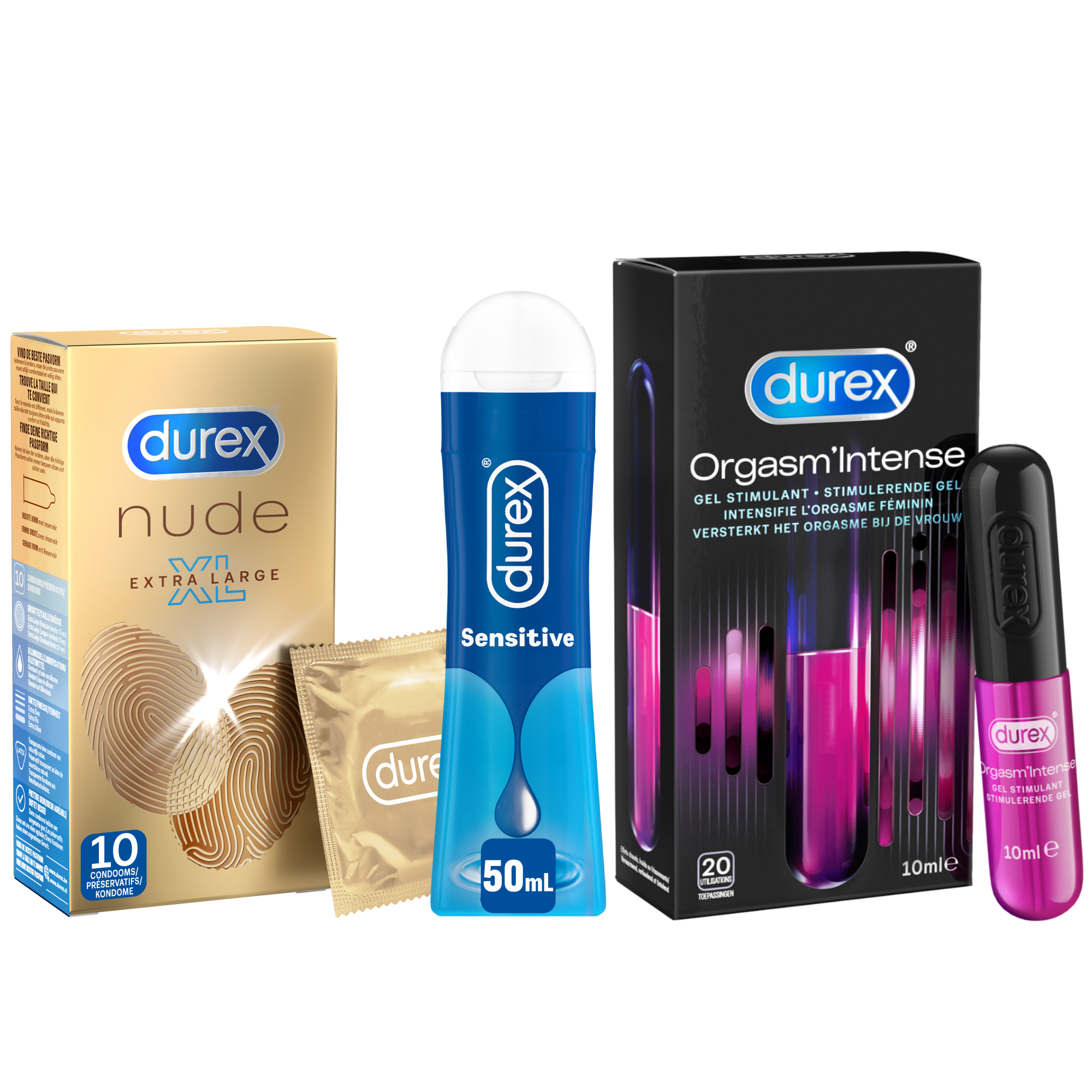Durex - 10 stuks Condooms - Nude XL - 110 ml Glijmiddel - Intense Orgasm 10ml - Play Sensitive 100ml - Voordeelverpakking