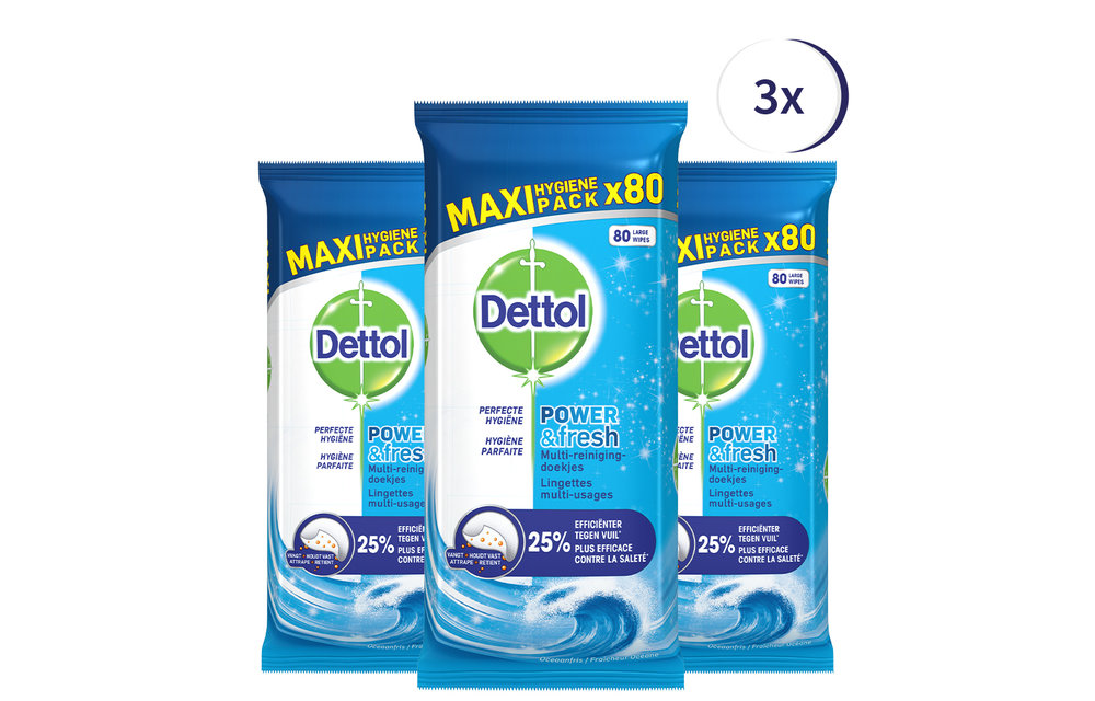 Dettol Schoonmaakdoekjes Power & Fresh - Katoenfris - 80 stuks x3