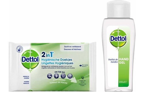 Dettol - 12 stuks Hygienische Doekjes 2 in 1 - 200ml Handgel - Op basis van alcohol