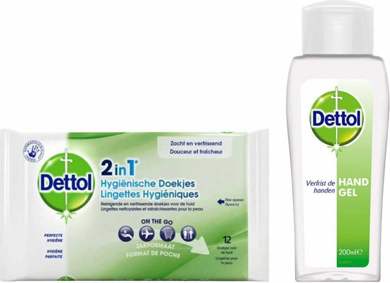 Dettol - 12 stuks Hygienische Doekjes 2 in 1 - 200ml Handgel - Op basis van alcohol