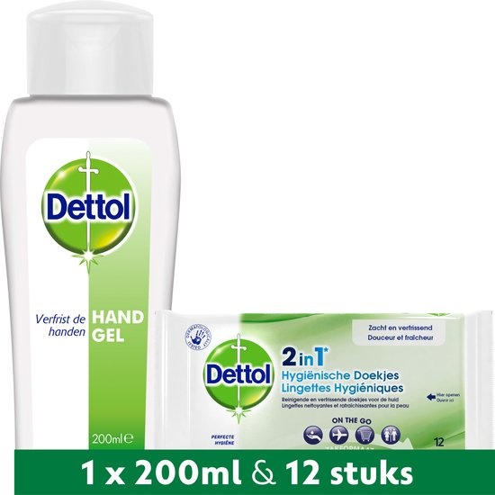 Dettol - 12 stuks Hygienische Doekjes 2 in 1 - 200ml Handgel - Op basis van alcohol