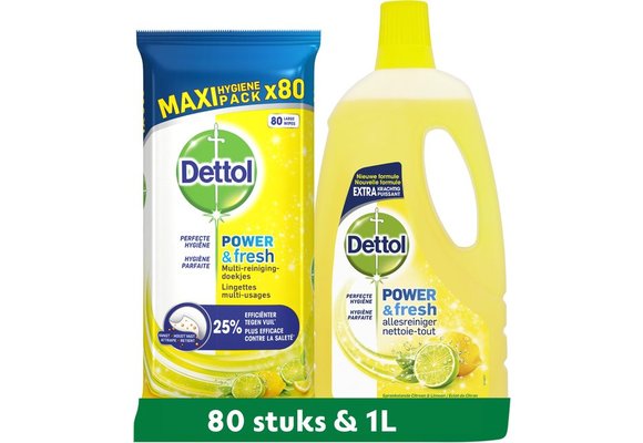 Dettol Schoonmaakdoekjes Power & Fresh - Citrus - 80 stuks + Dettol Allesreiniger Power & Fresh - Citrus - 1L