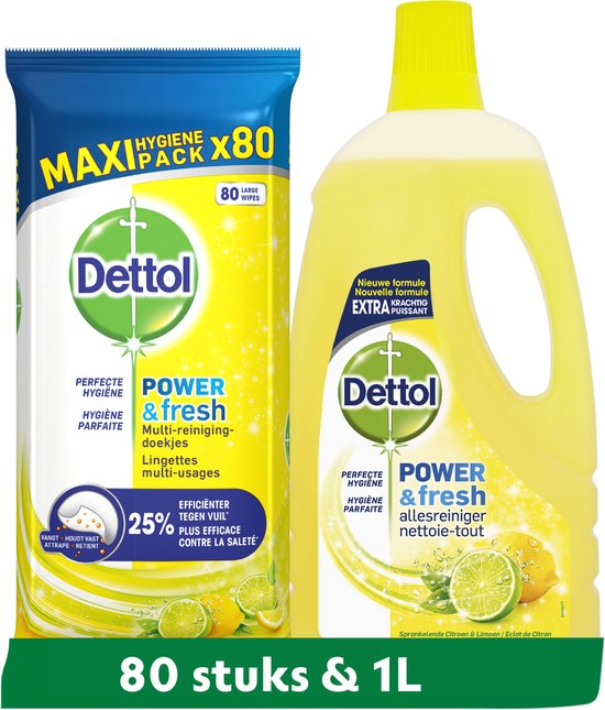 Dettol Schoonmaakdoekjes Power & Fresh - Citrus - 80 stuks + Dettol Allesreiniger Power & Fresh - Citrus - 1L