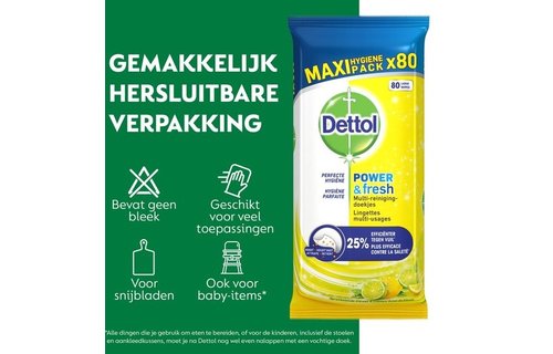 Dettol Schoonmaakdoekjes Power & Fresh - Citrus - 80 stuks + Dettol Allesreiniger Power & Fresh - Citrus - 1L