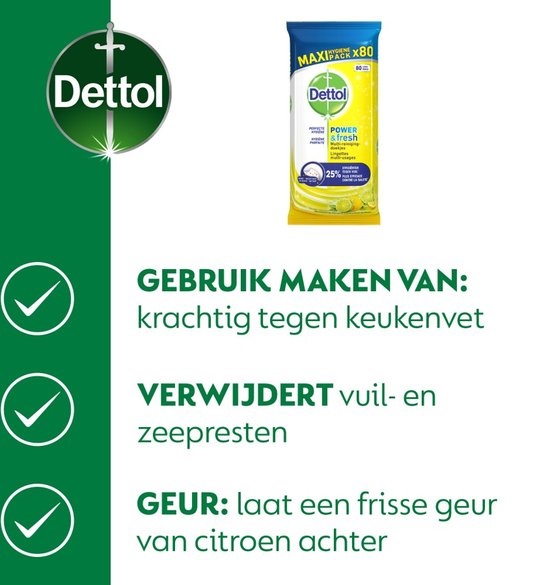 Dettol Schoonmaakdoekjes Power & Fresh - Citrus - 80 stuks + Dettol Allesreiniger Power & Fresh - Citrus - 1L