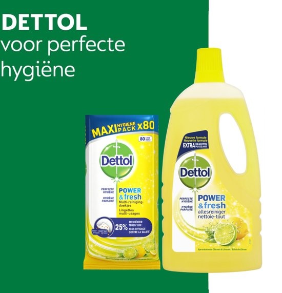 Dettol Schoonmaakdoekjes Power & Fresh - Citrus - 80 stuks + Dettol Allesreiniger Power & Fresh - Citrus - 1L