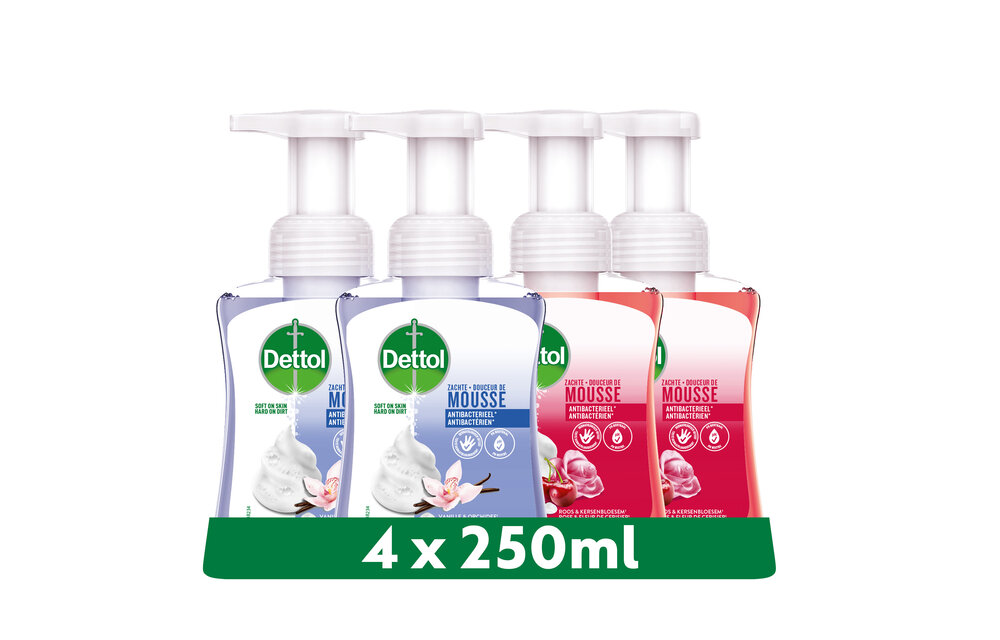Dettol - 1L Handzeep Zachte Mousse - Antibacterieel - Melk & Honing 2x250 ml en Orchidee & Vanille 2x250 ml - Voordeelverpakking