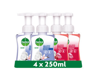 Dettol - 1L Handzeep Zachte Mousse - Antibacterieel - Melk &amp; Honing 2x250 ml en Orchidee &amp; Vanille 2x250 ml - Voordeelverpakking