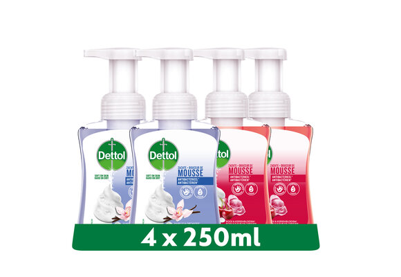 Dettol - 1L Handzeep Zachte Mousse - Antibacterieel - Melk & Honing 2x250 ml en Orchidee & Vanille 2x250 ml - Voordeelverpakking