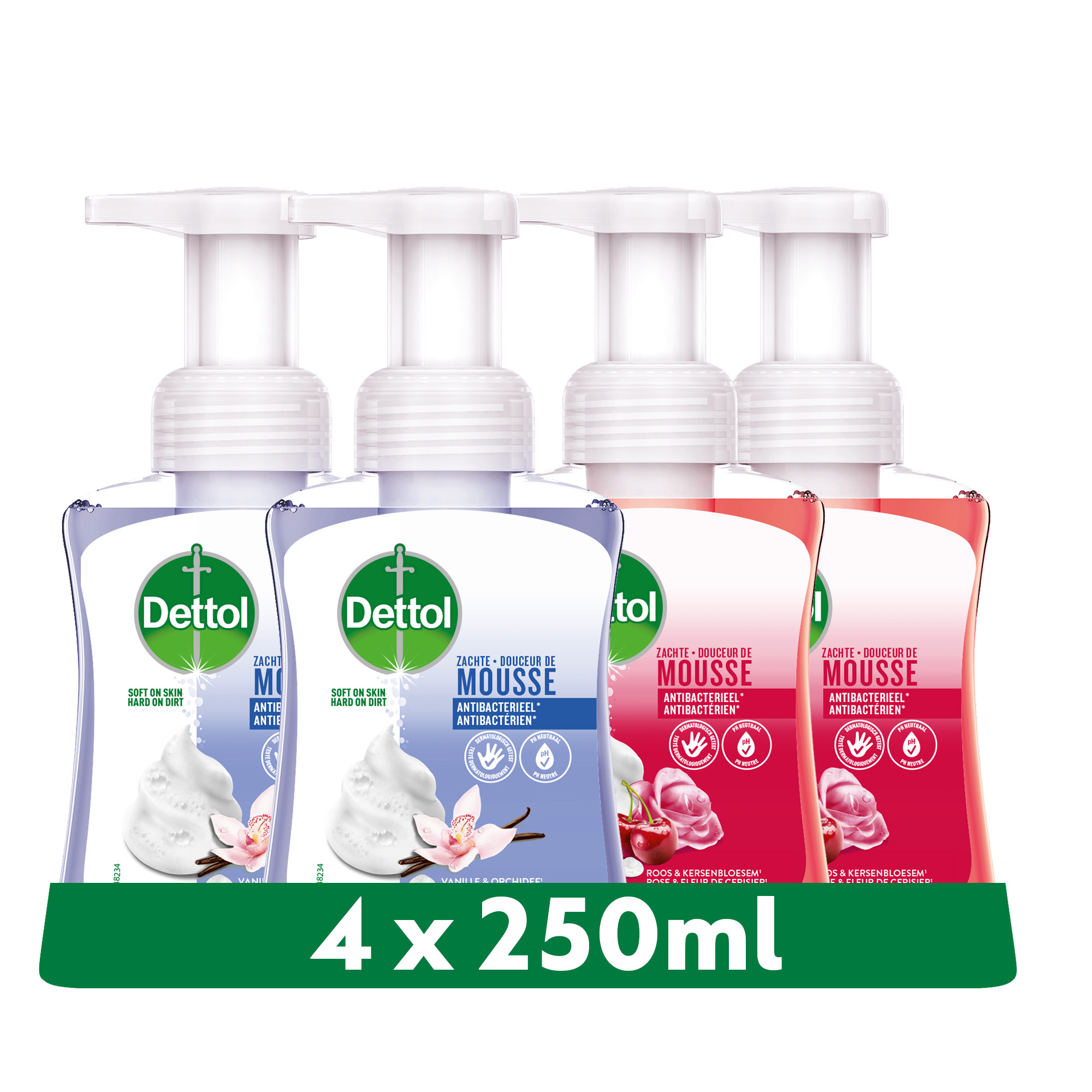 Dettol - 1L Handzeep Zachte Mousse - Antibacterieel - Melk & Honing 2x250 ml en Orchidee & Vanille 2x250 ml - Voordeelverpakking