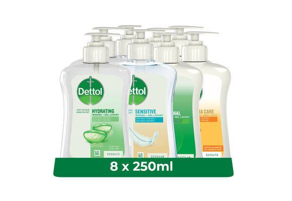 Dettol - 2L Handzeep - Antibacterieel - Aloe Vera 2x250ml - Orginal 2x250 - Gevoelige Huid 2x250 - LHS care+ Honing/Shea Droog 2x250 - Voordeelverpakking