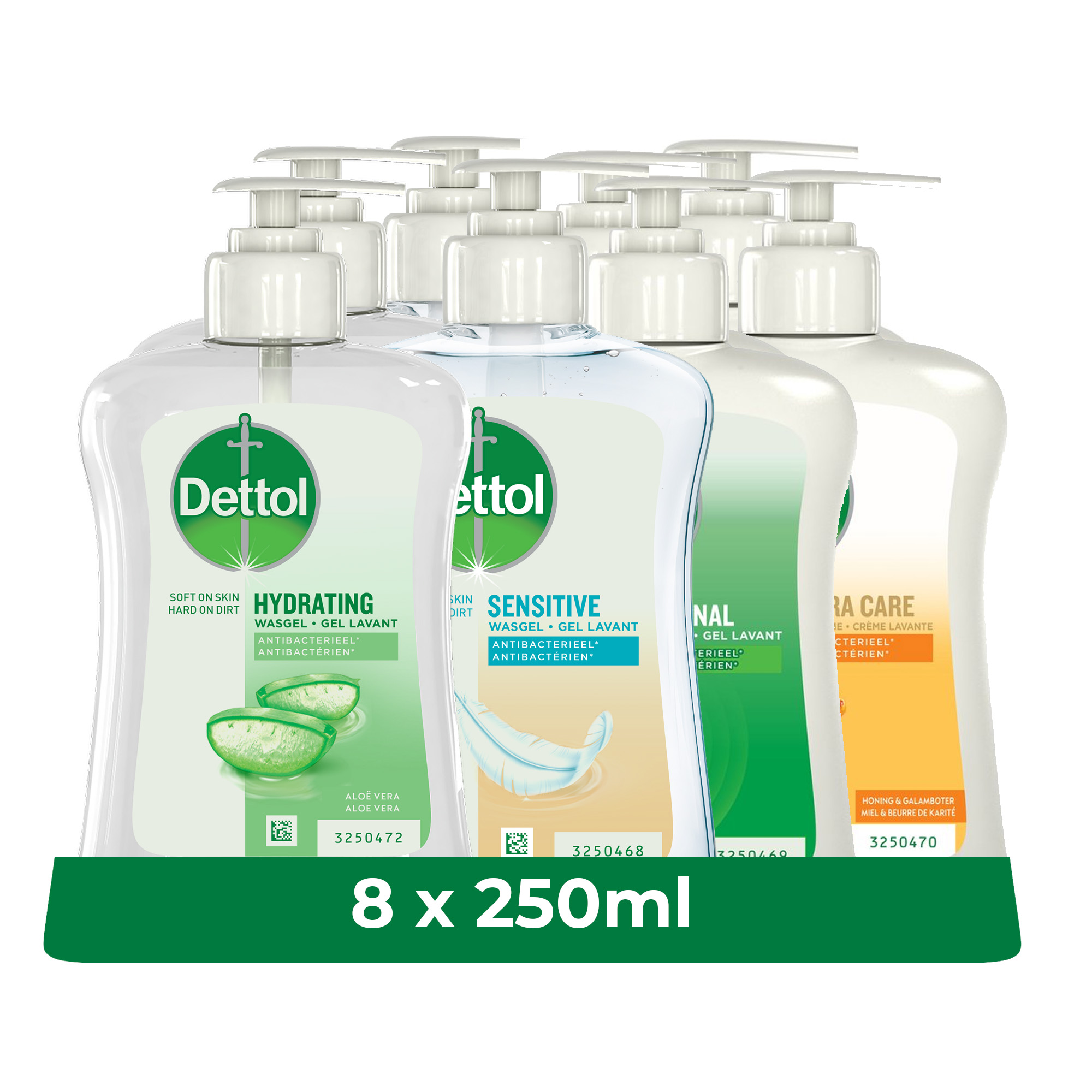 Dettol - 2L Handzeep - Antibacterieel - Aloe Vera 2x250ml - Orginal 2x250 - Gevoelige Huid 2x250 - LHS care+ Honing/Shea Droog 2x250 - Voordeelverpakking