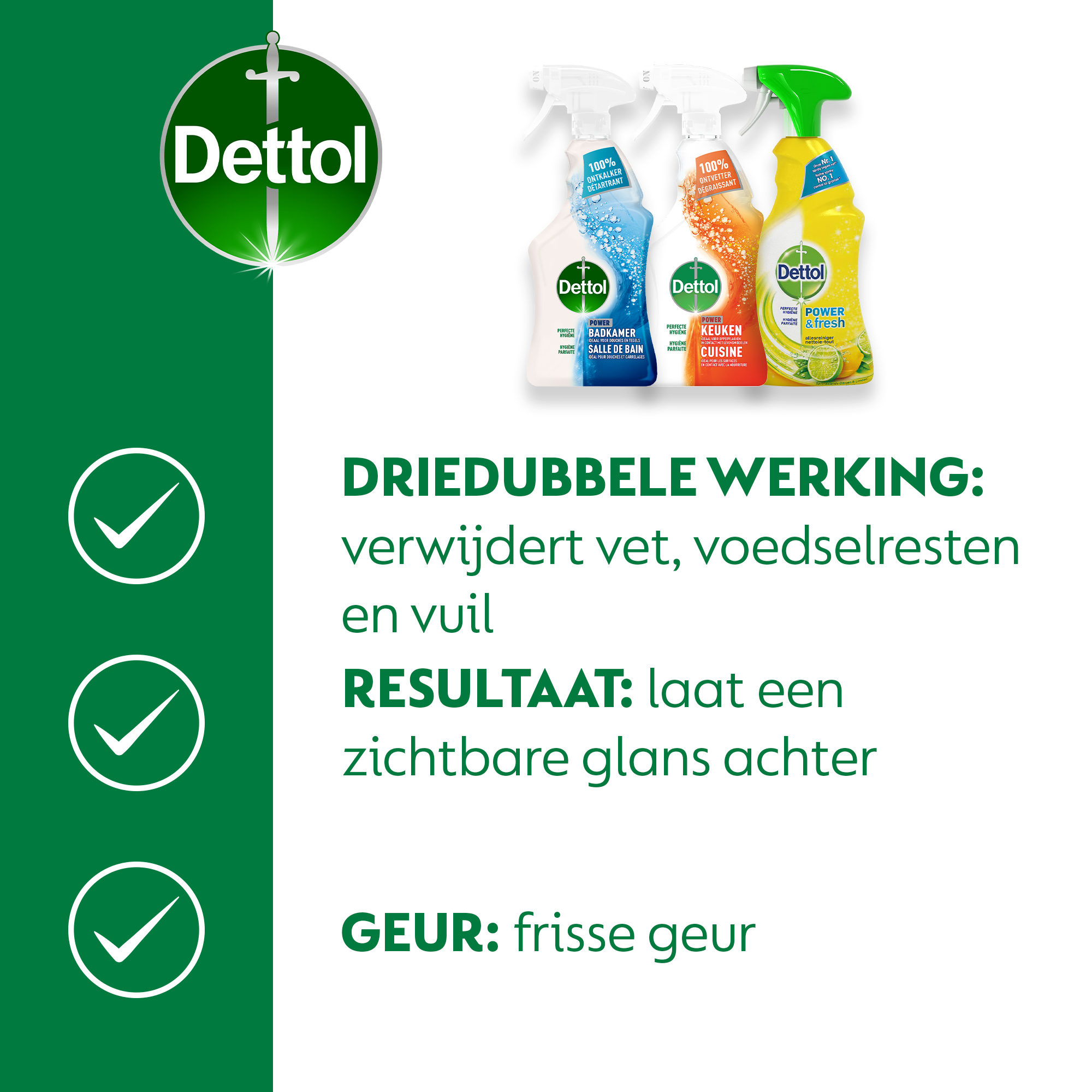 Dettol - 1,5L Allesreiniger Spray Power & Fresh - Badkamer 1x500 ml Keuken 1x500ml Citrus 1x500ml - Voordeelverpakking