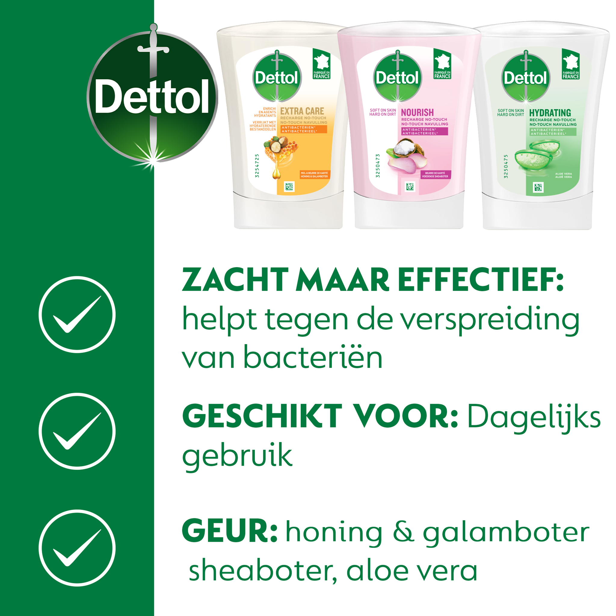 Dettol - Automatische Zeepdispenser No Touch & 3x250ml Handzeep No Touch Navulling Aloe Vera, Sheabutter Extra Care Honey & Sheabutter MijnDrogist.nl