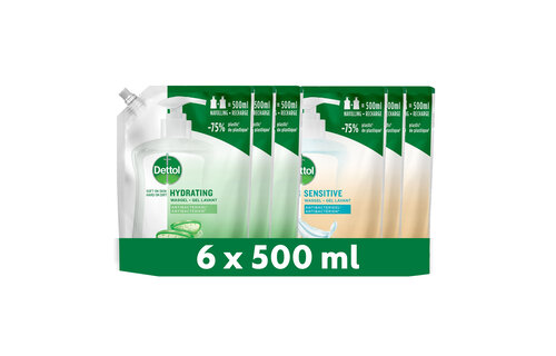 Dettol - 3L Handzeep Navulling - Antibacterieel - Sensitive 3x500ml - Aloë Vera 3x500ml - Voordeelverpakking