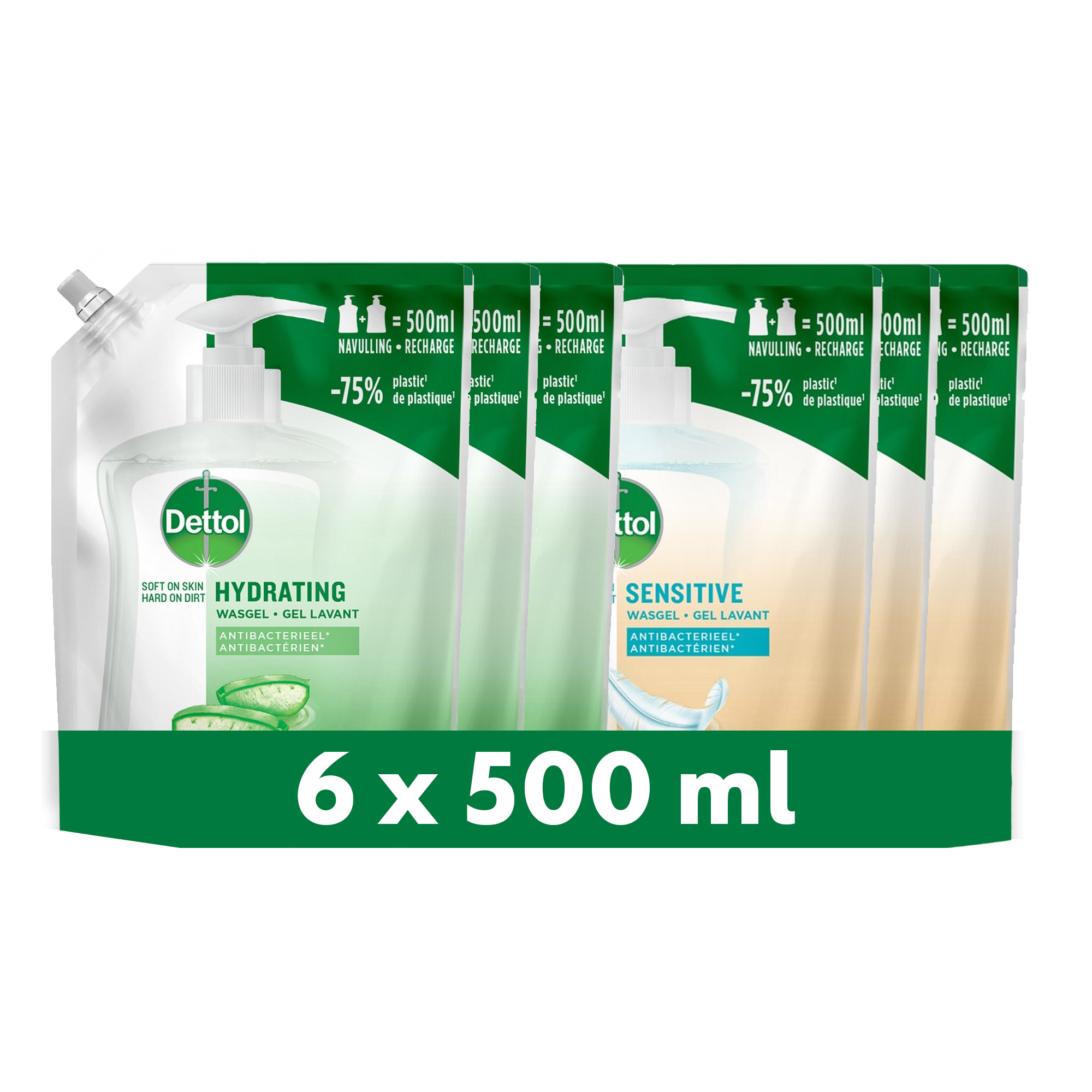 Dettol - 3L Handzeep Navulling - Antibacterieel - Sensitive 3x500ml - Aloë Vera 3x500ml - Voordeelverpakking