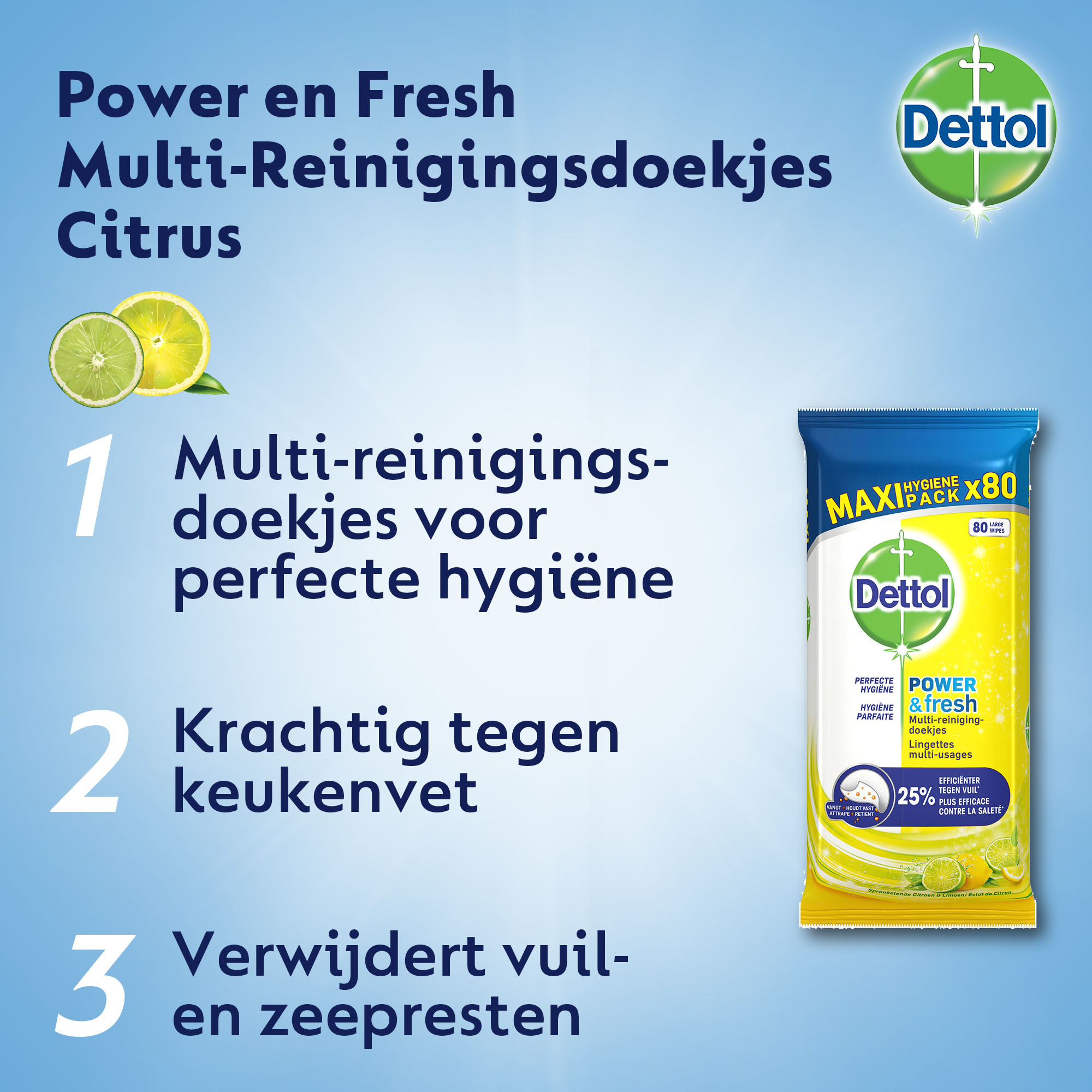 Dettol Schoonmaakdoekjes Power & Fresh - Citrus - 80 stuks x12