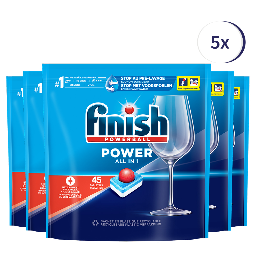 Finish Power All in 1 Regular Vaatwastabletten - 45 Stuks x5