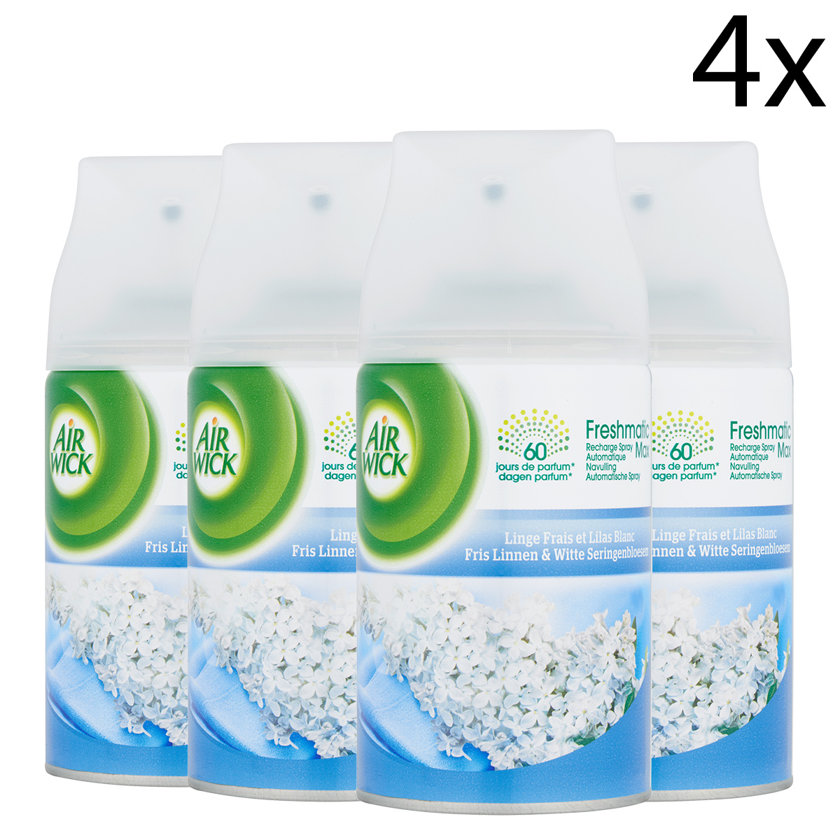 Air Wick Freshmatic Automatische Spray Luchtverfrisser - Fris Linnen & Witte Seringen - Navulling 250ml x4