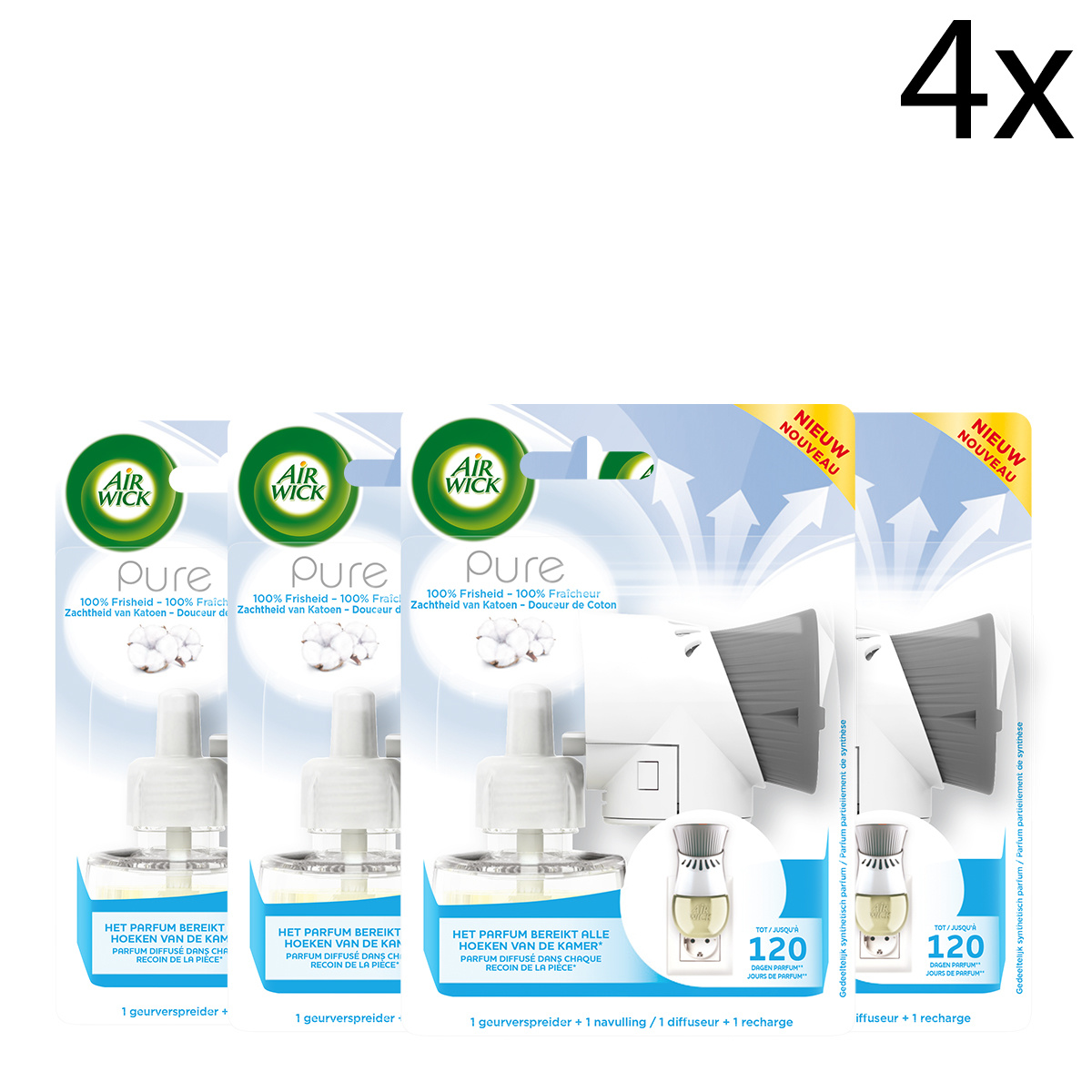 Air Wick Elektrische Geurverspreider Luchtverfrisser - Pure Zachtheid van Katoen - Starterkit 19ml x4