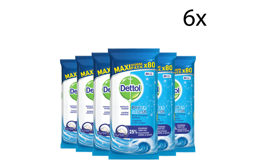 Dettol Schoonmaakdoekjes Power & Fresh - Katoenfris - 80 stuks x6