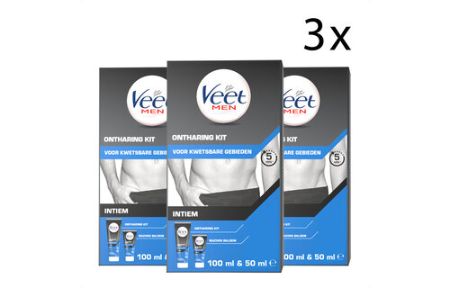 Veet Men Ontharingskit voor Intieme Delen - Ontharingscrème en Aftercare balsem – 100ml + 50ml - 3 Stuks - Voordeelverpakking
