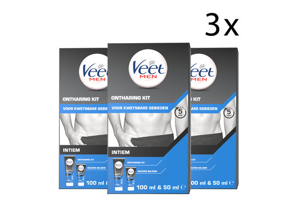 Veet Men Ontharingskit voor Intieme Delen - Ontharingscrème en Aftercare balsem – 100ml + 50ml - 3 Stuks - Voordeelverpakking