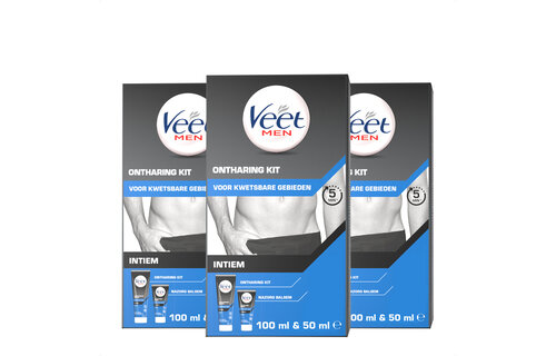 Veet Men Ontharingskit voor Intieme Delen - Ontharingscrème en Aftercare balsem – 100ml + 50ml - 3 Stuks - Voordeelverpakking