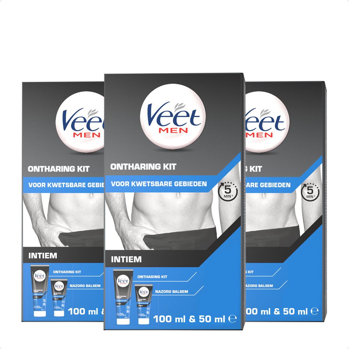 Veet Men Ontharingskit voor Intieme Delen - Ontharingscrème en Aftercare balsem – 100ml + 50ml - 3 Stuks - Voordeelverpakking