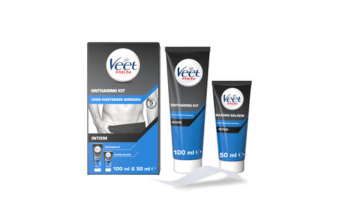 Veet Men Ontharingskit voor Intieme Delen - Ontharingscrème en Aftercare balsem – 100ml + 50ml - 3 Stuks - Voordeelverpakking