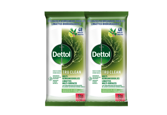 Dettol Tru Clean Schoonmaakdoekjes Biologisch Afbreekbaar - Eucalyptus en limoen - 48 stuks - 2 stuks