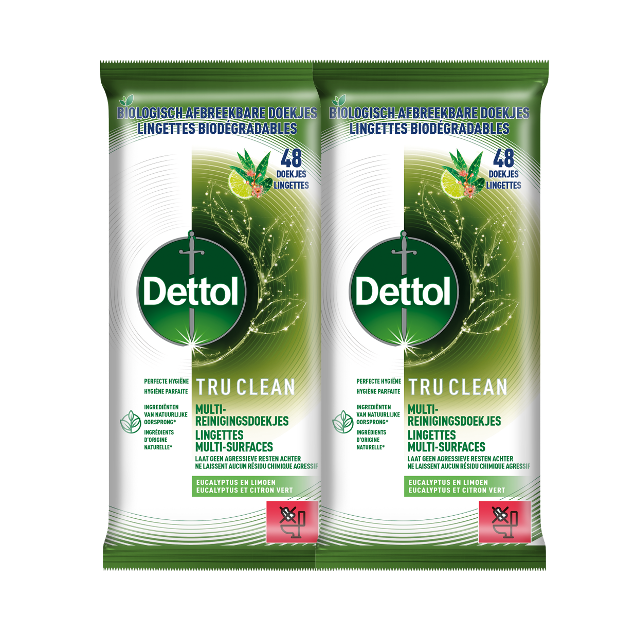 Dettol Tru Clean Schoonmaakdoekjes Biologisch Afbreekbaar - Eucalyptus en limoen - 48 stuks - 2 stuks