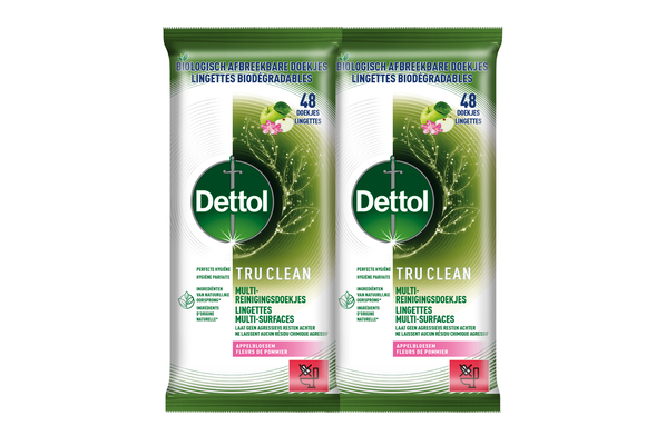 Dettol Tru Clean Schoonmaakdoekjes Biologisch Afbreekbaar - Appelbloesem - 48 stuks - 2 stuks