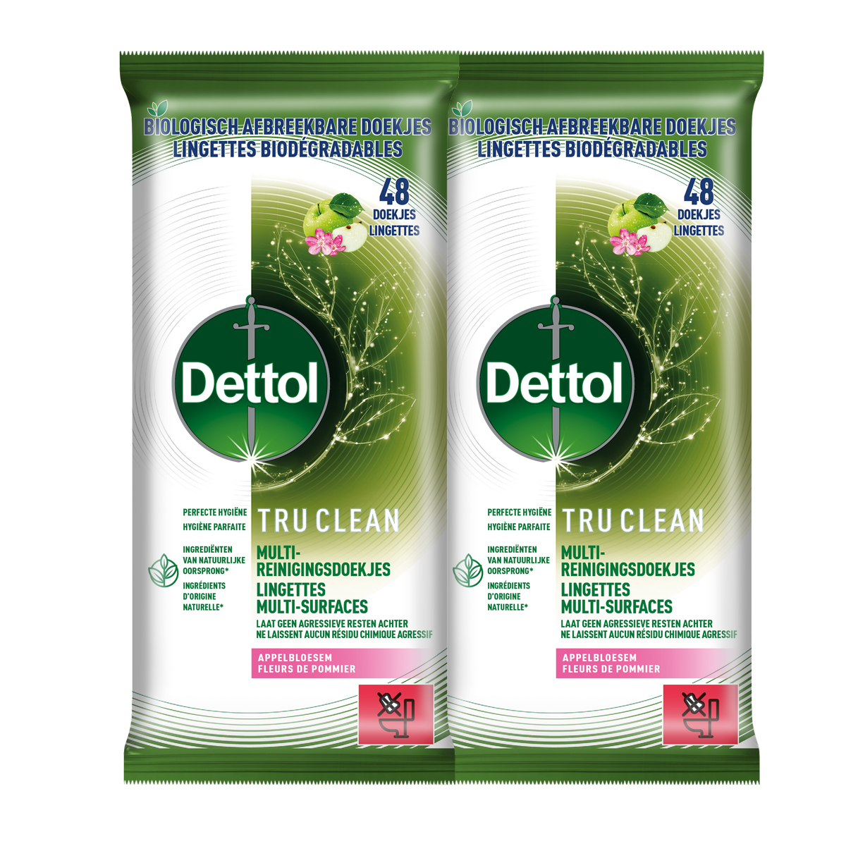 Dettol Tru Clean Schoonmaakdoekjes Biologisch Afbreekbaar - Appelbloesem - 48 stuks - 2 stuks