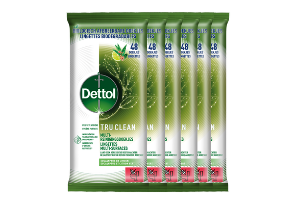 Dettol Tru Clean Schoonmaakdoekjes Biologisch Afbreekbaar - Eucalyptus en limoen - 48 stuks - 6 stuks