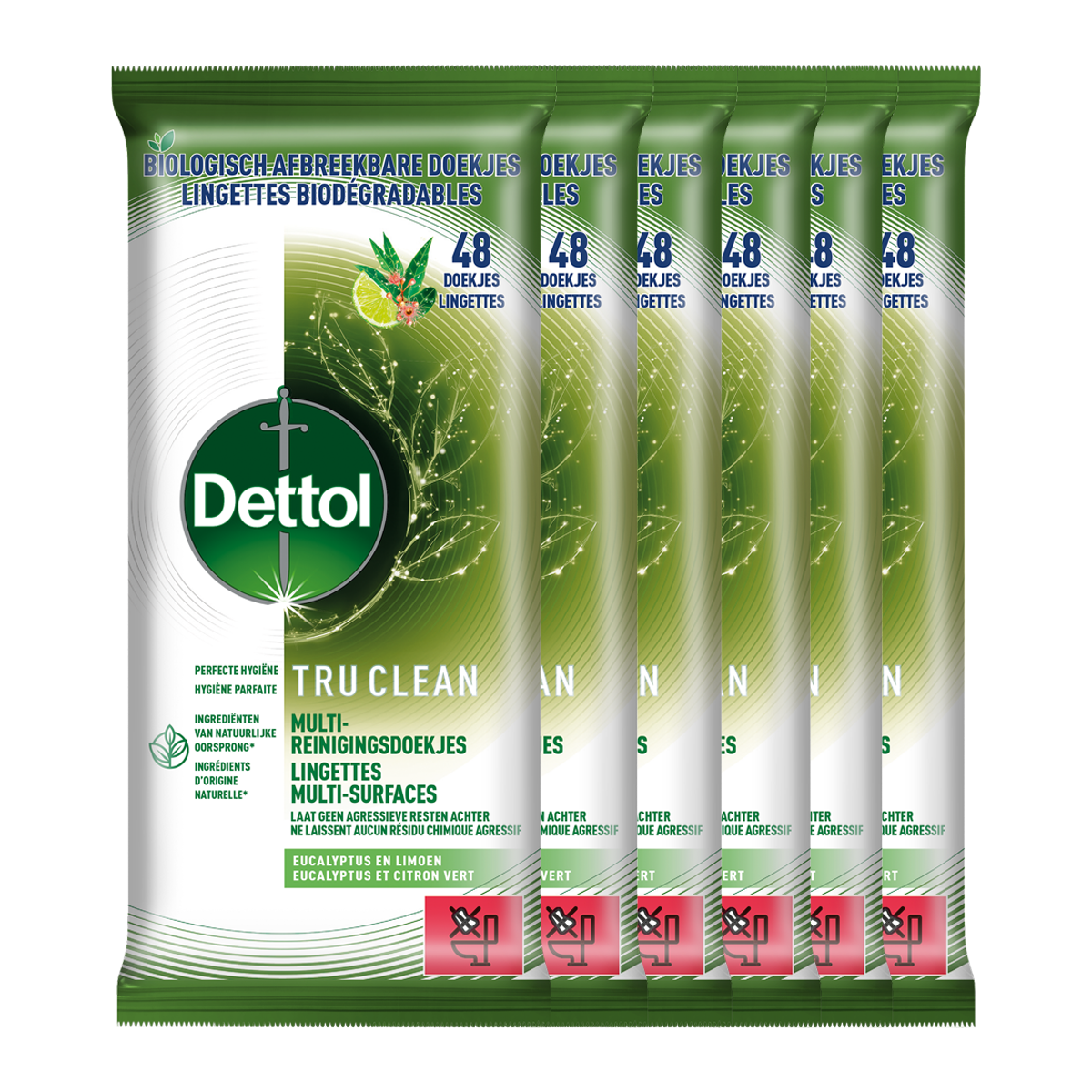 Dettol Tru Clean Schoonmaakdoekjes Biologisch Afbreekbaar - Eucalyptus en limoen - 48 stuks - 6 stuks