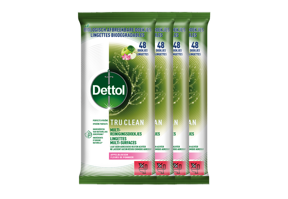 Dettol Tru Clean Schoonmaakdoekjes Biologisch Afbreekbaar - Appelbloesem - 48 stuks - 4 stuks