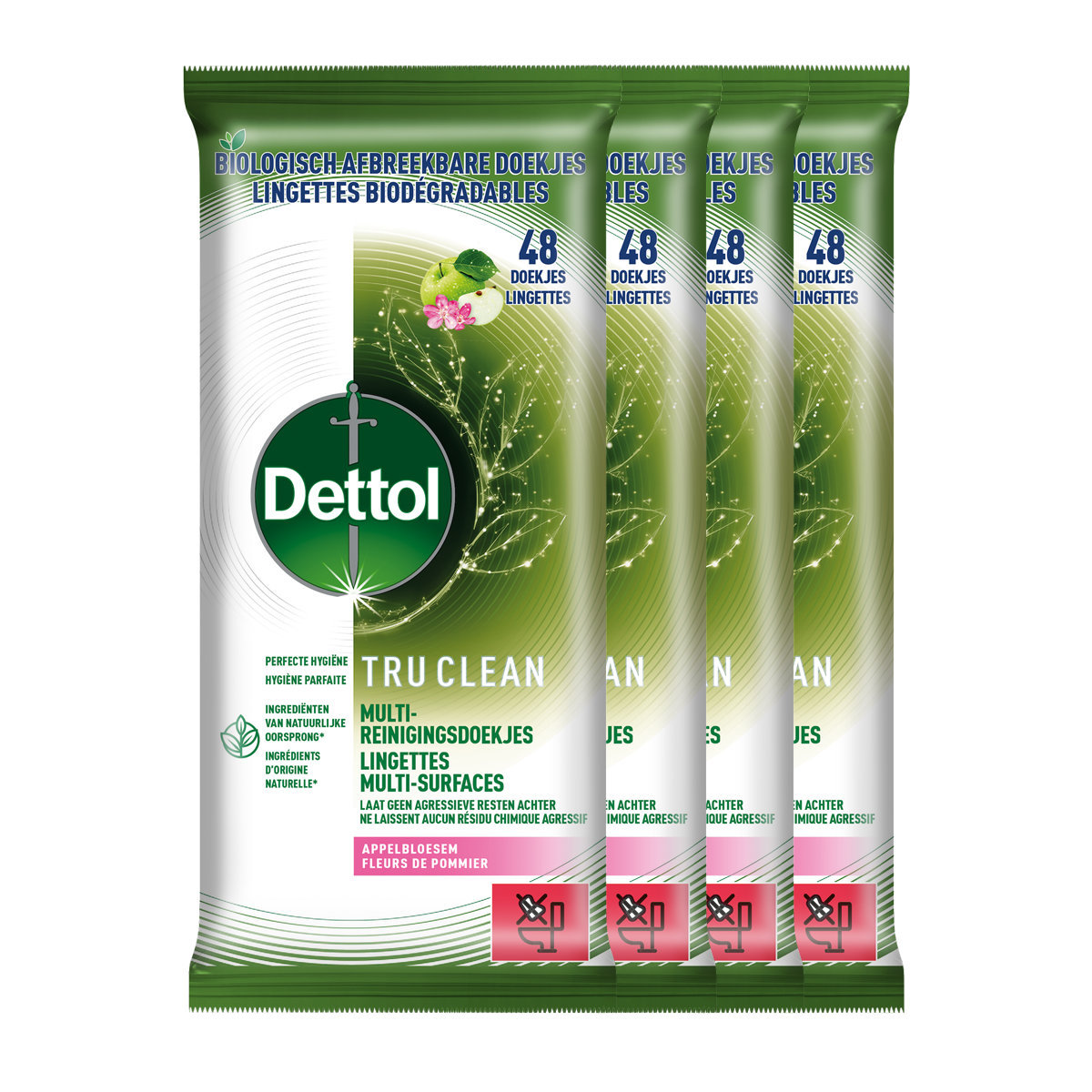 Dettol Tru Clean Schoonmaakdoekjes Biologisch Afbreekbaar - Appelbloesem - 48 stuks - 4 stuks