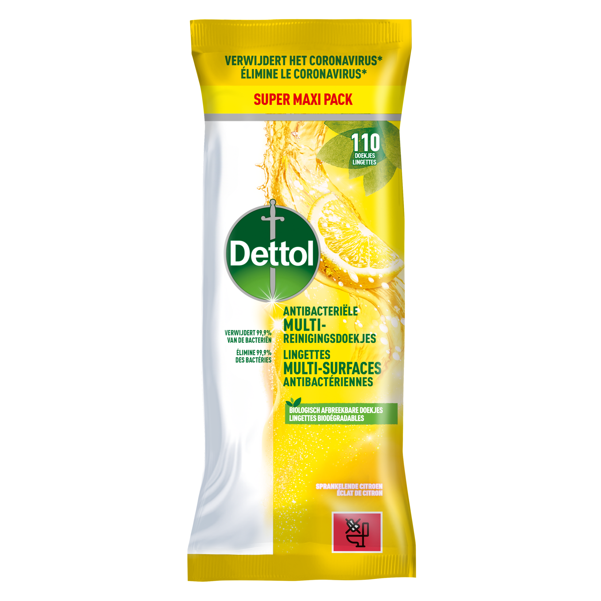 BE - Dettol Lingettes Antibactériennes Multi-surfaces Éclat de Citron - 110