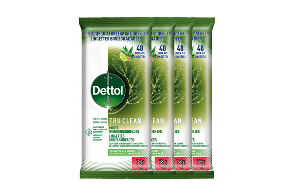 Dettol Tru Clean Schoonmaakdoekjes Biologisch Afbreekbaar - Eucalyptus en limoen - 48 stuks - 4 stuks
