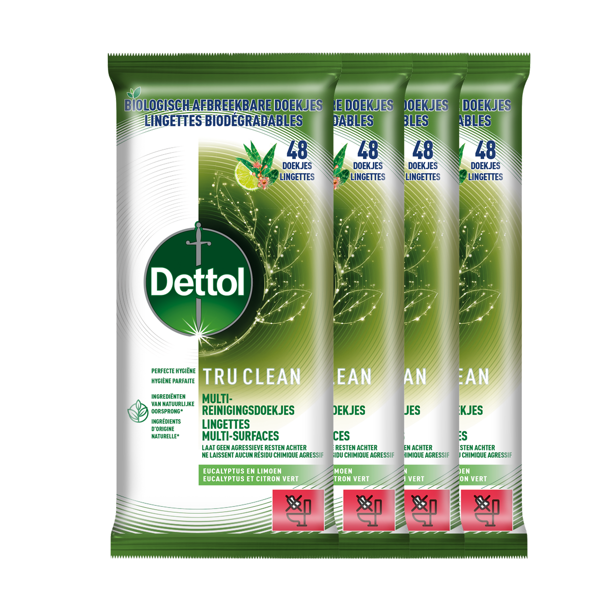 Dettol Tru Clean Schoonmaakdoekjes Biologisch Afbreekbaar - Eucalyptus en limoen - 48 stuks - 4 stuks
