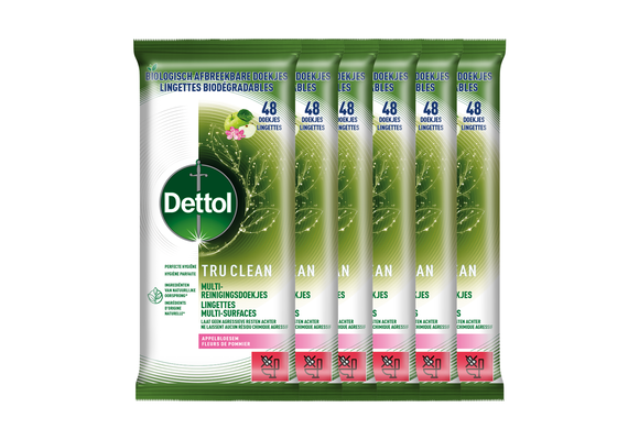 Dettol Tru Clean Schoonmaakdoekjes Biologisch Afbreekbaar - Appelbloesem - 48 stuks - 6 stuks