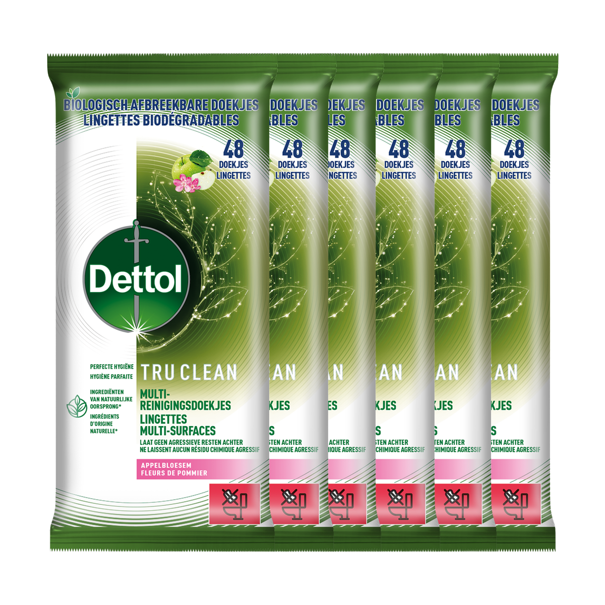 Dettol Tru Clean Schoonmaakdoekjes Biologisch Afbreekbaar - Appelbloesem - 48 stuks - 6 stuks