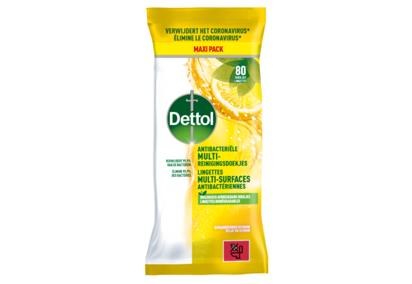 BE - Dettol Lingettes Antibactériennes Multi-surfaces Éclat de Citron - 80
