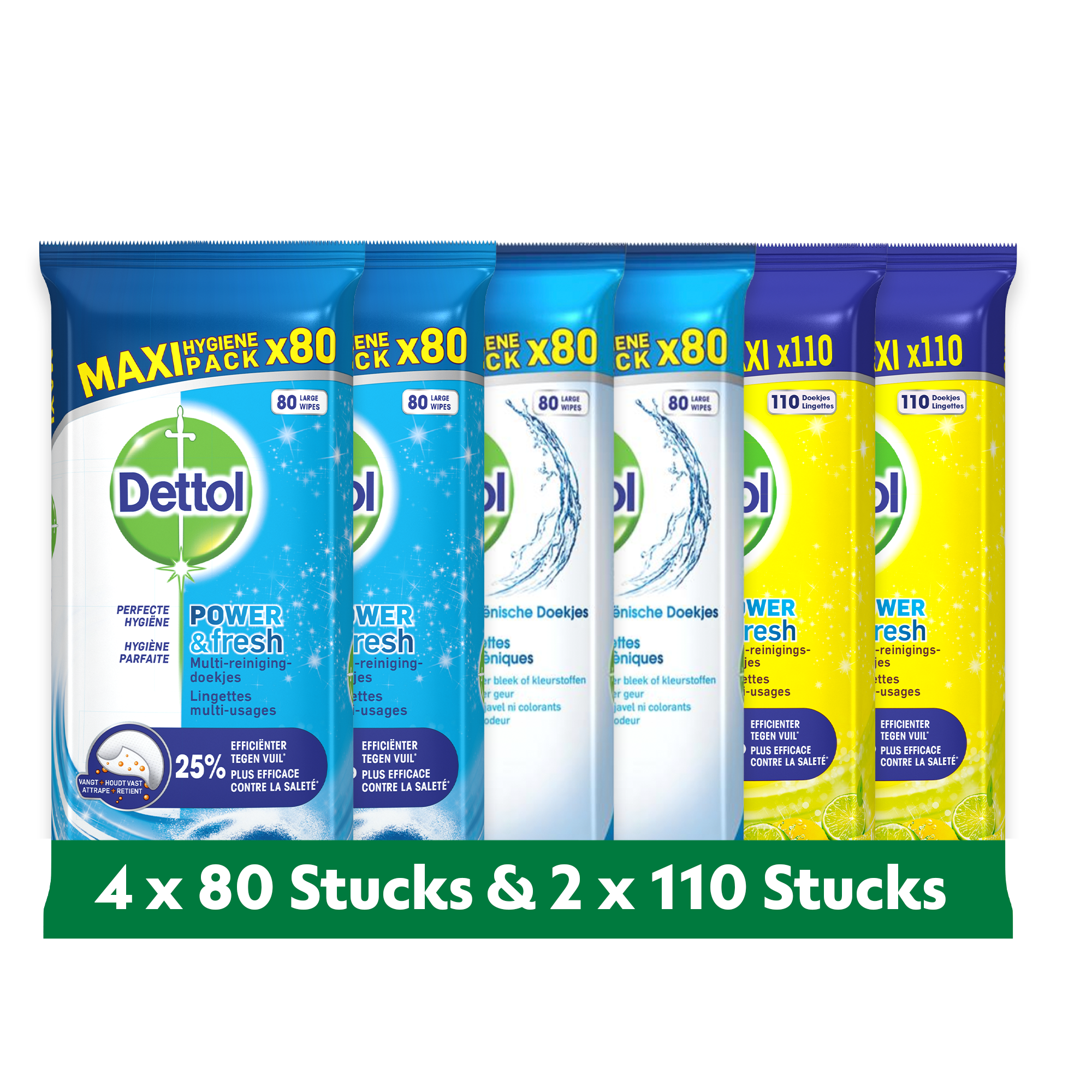 Dettol - 480 Schoonmaakdoekjes Power & Fresh - Oceaan 2x80 stuks - Hygiënische 3x80 stuks - Voordeelverpakking