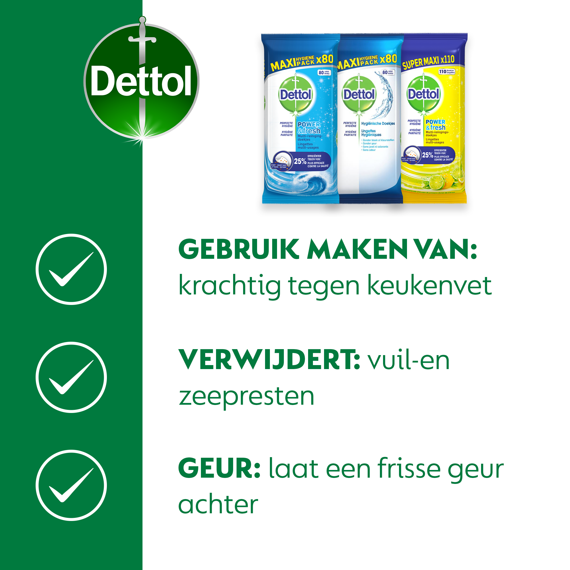 Dettol - 480 Schoonmaakdoekjes Power & Fresh - Oceaan 2x80 stuks - Hygiënische 3x80 stuks - Voordeelverpakking